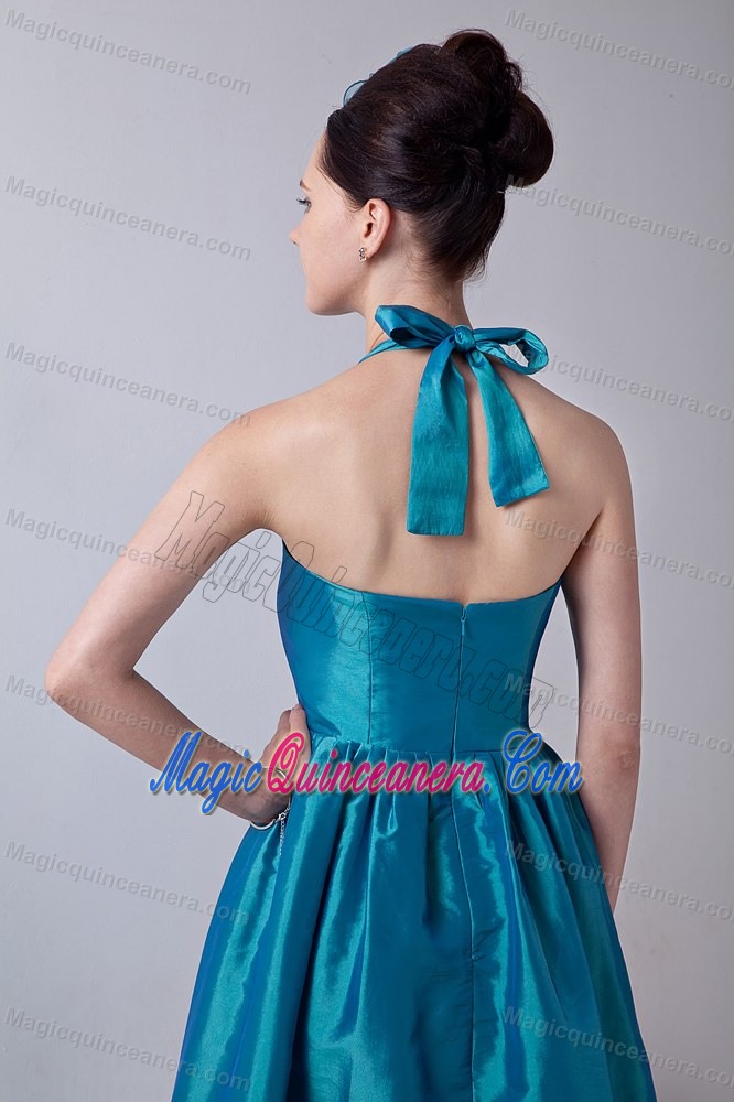 Teal Halter A-line Taffeta Dama Quinceanera Dresses with Bowknot