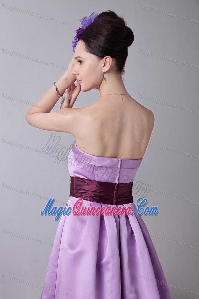 Ruched Lavender Strapless Knee Length Dresses for Damas with Sash