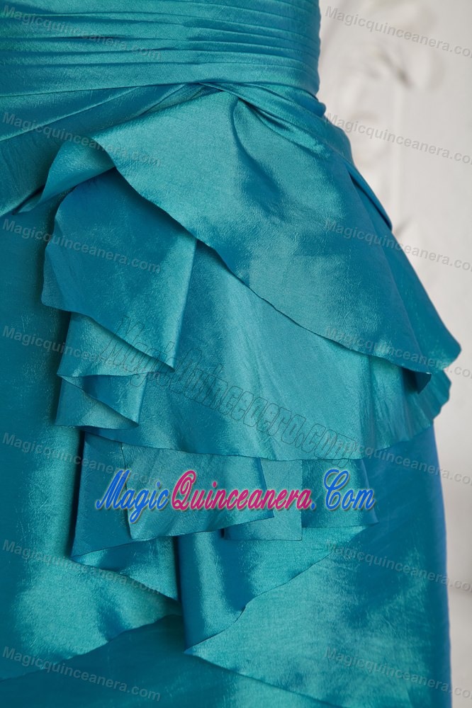 Teal Column Taffeta Ruches Mini Length Quinceanera Dama Dresses