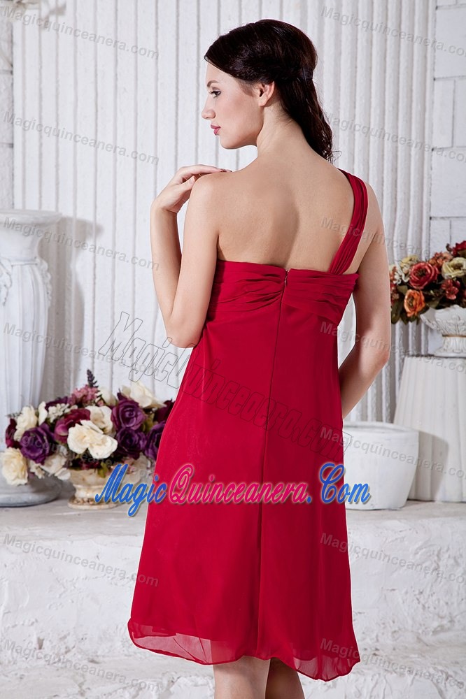 Ruched One Shoulder Chiffon Quinceanera Dama Dresses in Wine Red