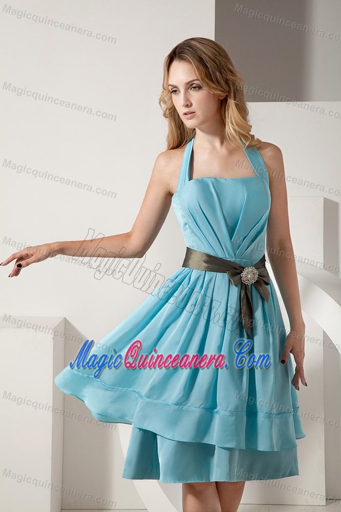 Aqua Blue Halter Empire Dama Dress for Quinceaneras with Ribbons