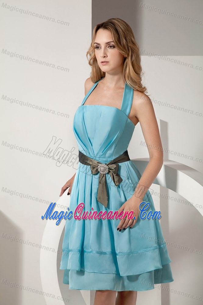 Aqua Blue Halter Empire Dama Dress for Quinceaneras with Ribbons