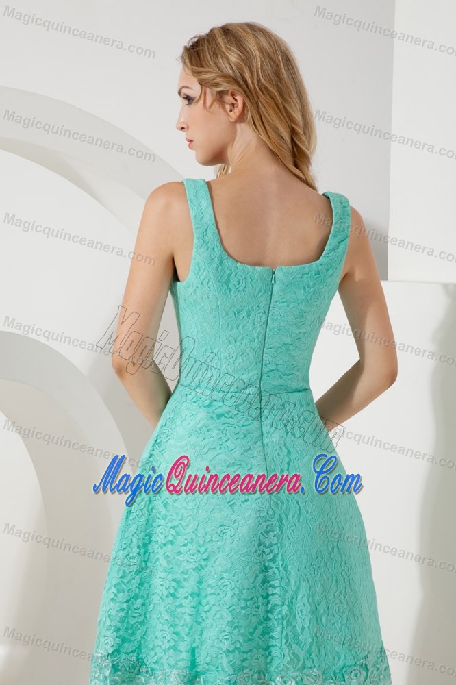 Turquoise A-line Square Lace 15 Dresses for Damas of Knee Length