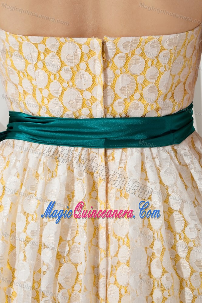 White and Yellow Strapless 15 Dresses for Damas with Teal Sash