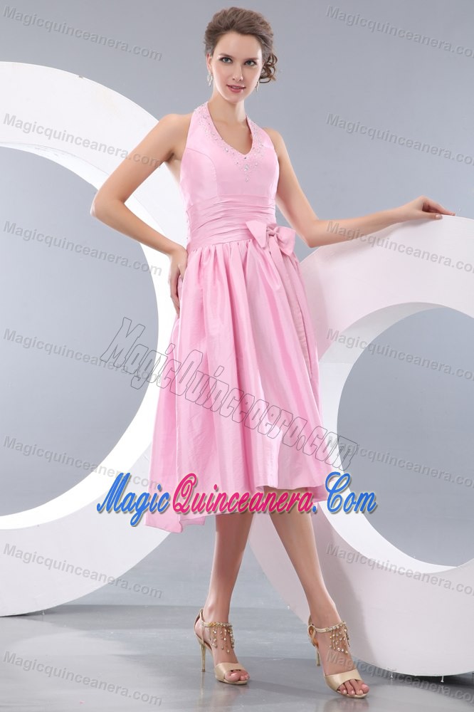 Rose Pink Empire Halter Dama Quinceanera Dresses with Sash Beading