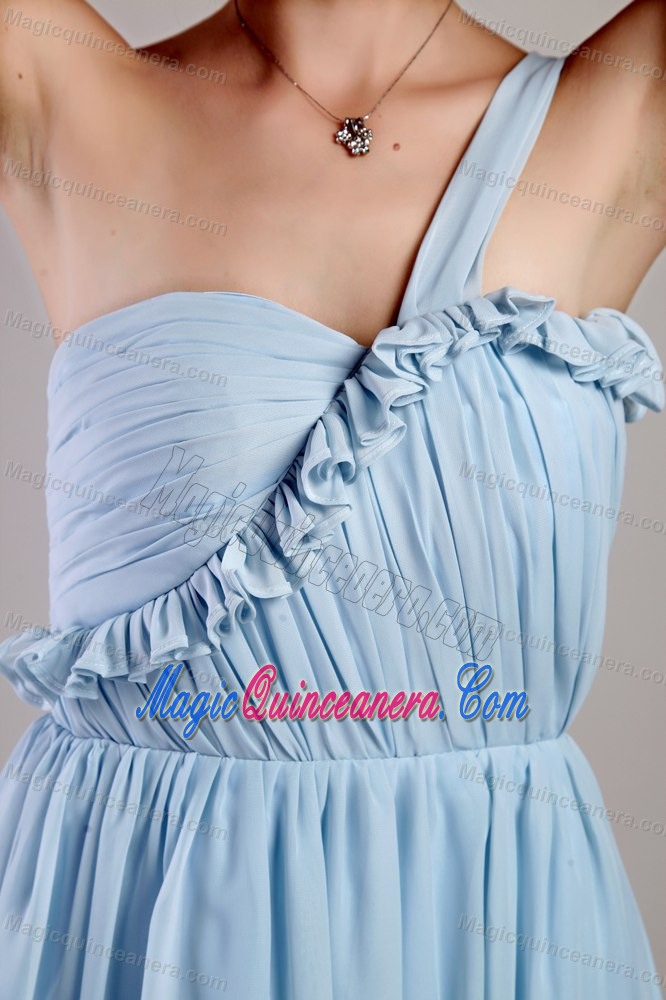 Light Blue One Shoulder Chiffon Mini Length Dresses for Damas