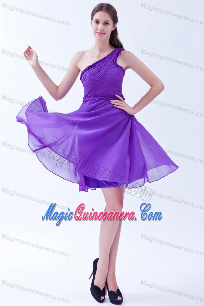 Ruched One Shoulder Chiffon Quinceanera Dama Dresses Knee Length