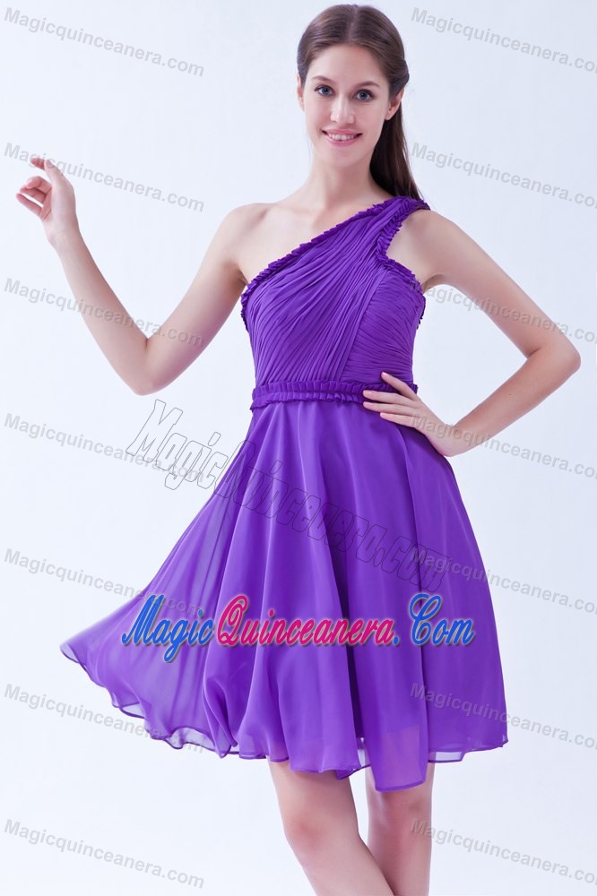 Ruched One Shoulder Chiffon Quinceanera Dama Dresses Knee Length