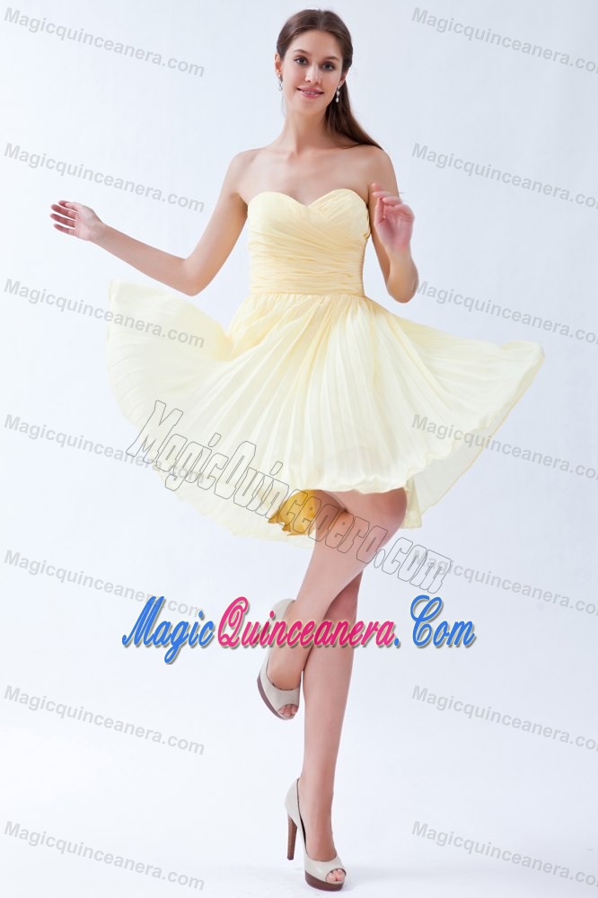 Ruched and Pleated Sweetheart Light Yellow Quinceanera Dama Dress