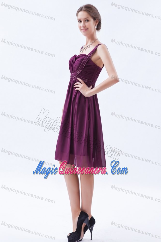 Straps Beading Ruches Chiffon Quinceanera Dama Dresses in Purple