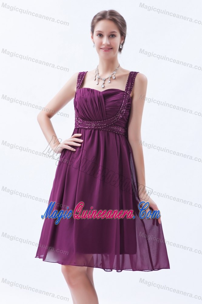 Straps Beading Ruches Chiffon Quinceanera Dama Dresses in Purple