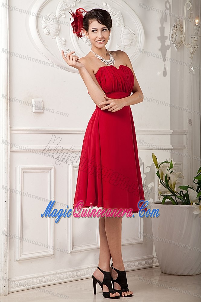 Ruched Red Chiffon Strapless Aempire Dama Dresses for Quinceanera