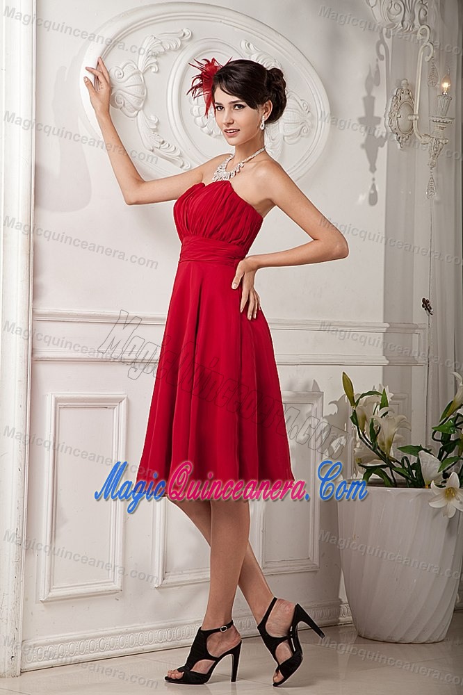 Ruched Red Chiffon Strapless Aempire Dama Dresses for Quinceanera