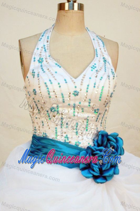 Chic Beaded halter top white Dress 15 with Turquoise sash