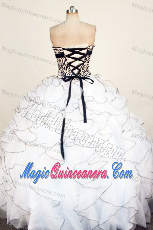 Ruffled White Zebra and Organza Appliques Quinceanera Gown