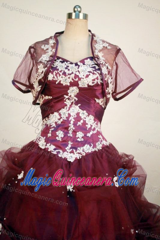 Embroidery Ruched Beading Pick-ups Burgundy Quinceanera Dresses