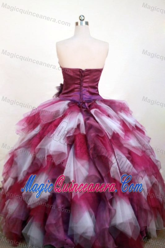 Tiered Layers White and Burgundy Organza Beaded Quinceanera Dress