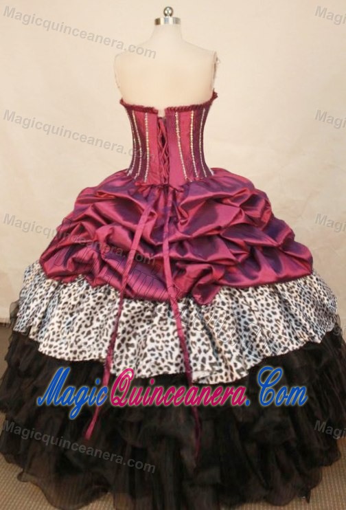 Leopard Beading Burgundy and Black Ruffled Quinceanera Dresses