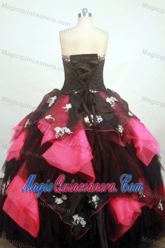 Black and Pink Tiered Ruching Beaded Dresses for Sweet Quinceanera