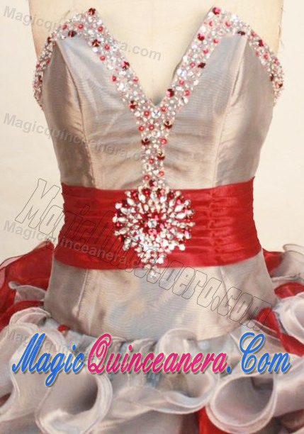 V-neck Sliver and Red Rhinestones Ruched Ruffles Quinceanera Dress