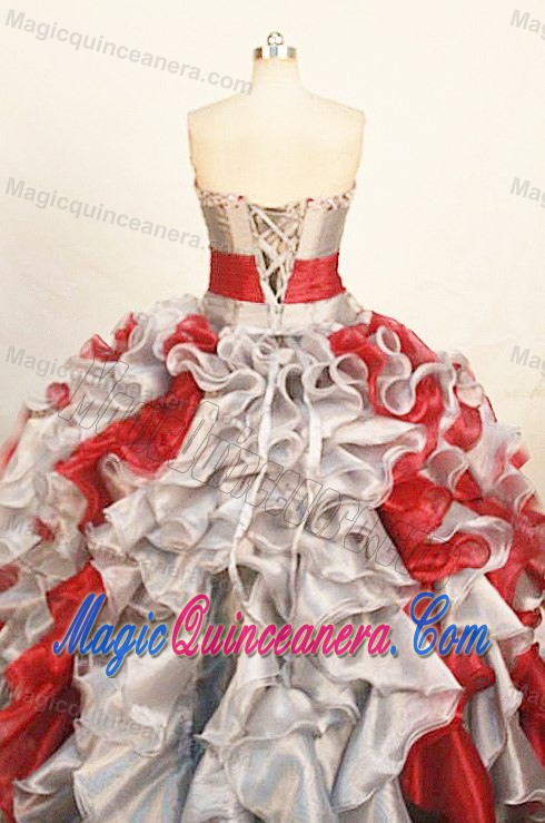 V-neck Sliver and Red Rhinestones Ruched Ruffles Quinceanera Dress