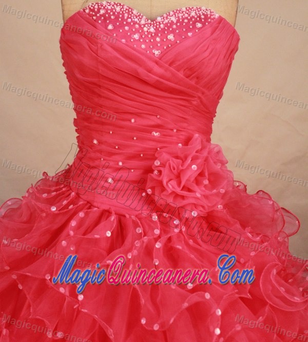 Ruching Beaded Sweetheart Watermelon Flowers Quinceanera Dresses