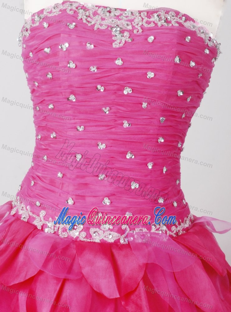 Ruching Beaded Strapless Hot Pink Quinceanera Dress with Petals