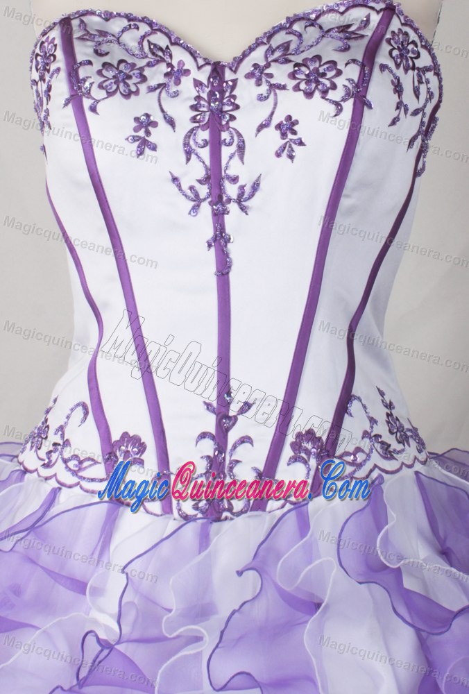 Embroidery Organza White and Purple Quinceanera Dress with Ruffles