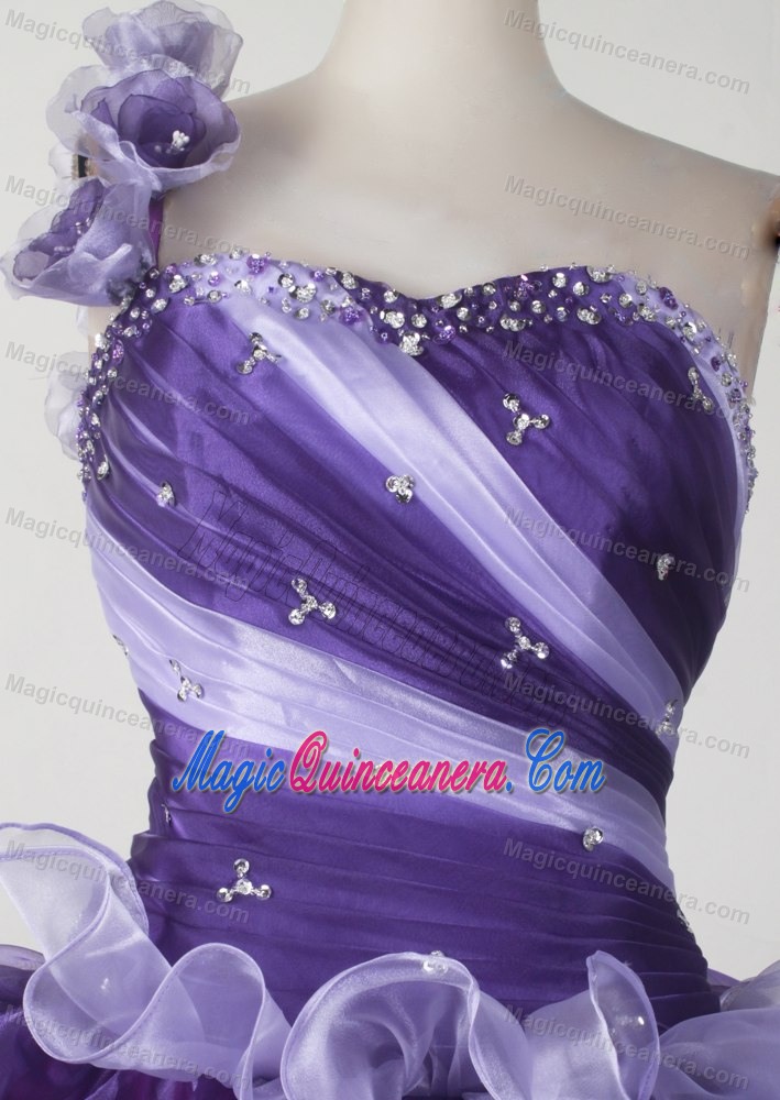 One Shoulder Colored Purple Ruffles Beaded Flowers Quinceanera Dress