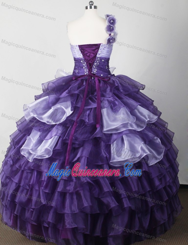 One Shoulder Colored Purple Ruffles Beaded Flowers Quinceanera Dress