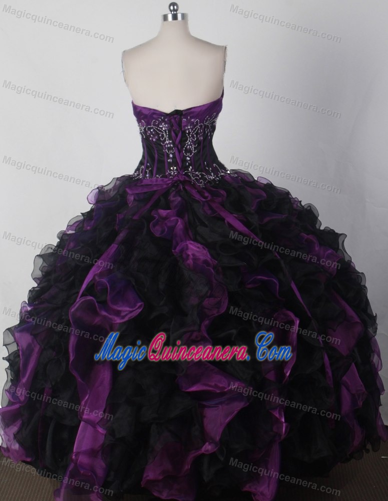 Appliques Ruched Black and Purple Quinceanera Dresses with Ruffles