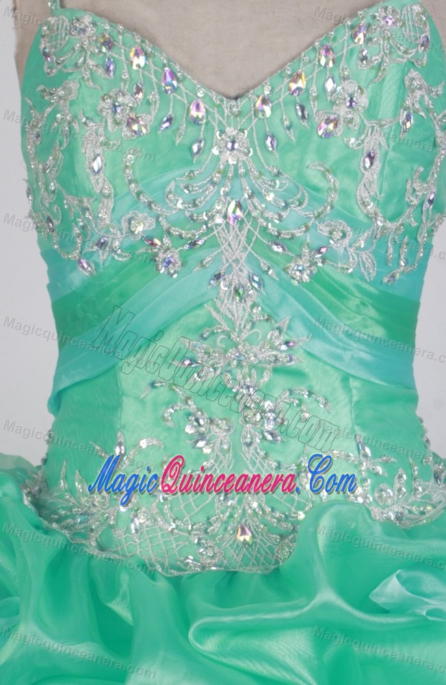 Spaghetti Straps Ruched Appliques Teal Beading Quinceanera Dresses