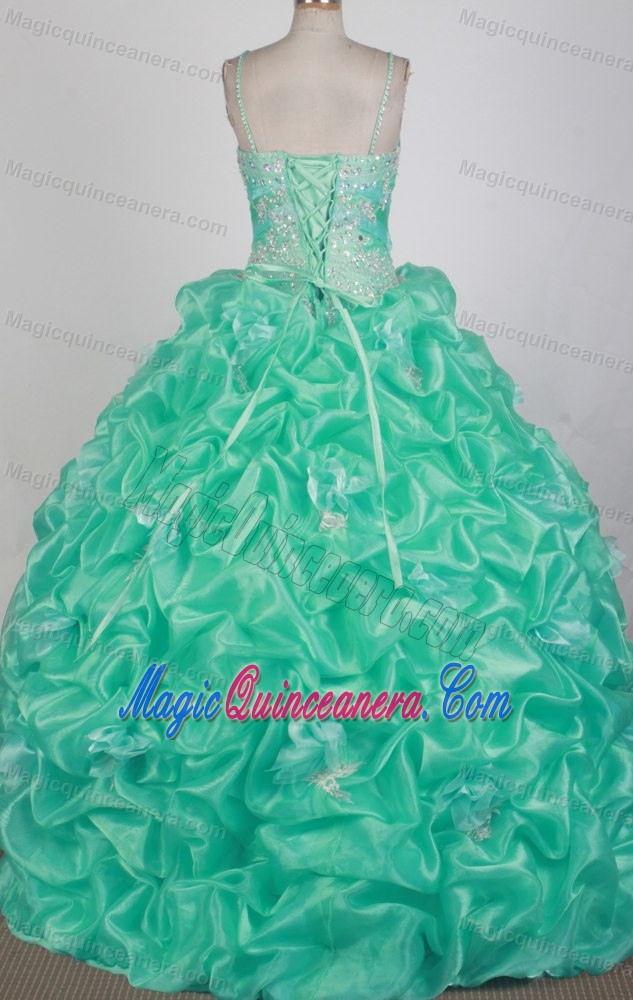 Spaghetti Straps Ruched Appliques Teal Beading Quinceanera Dresses