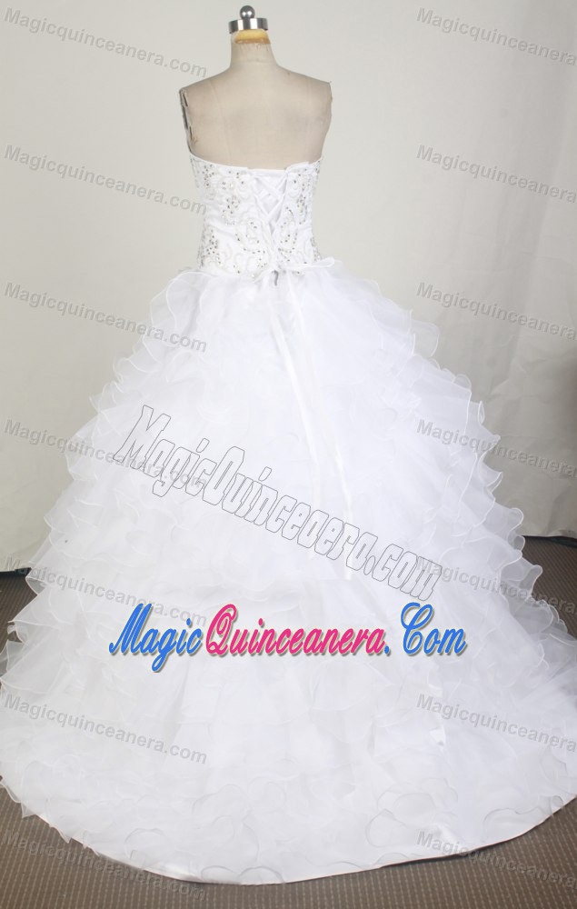 Ruffled Layers Beading White Quinceanera Dresses with Brush Train