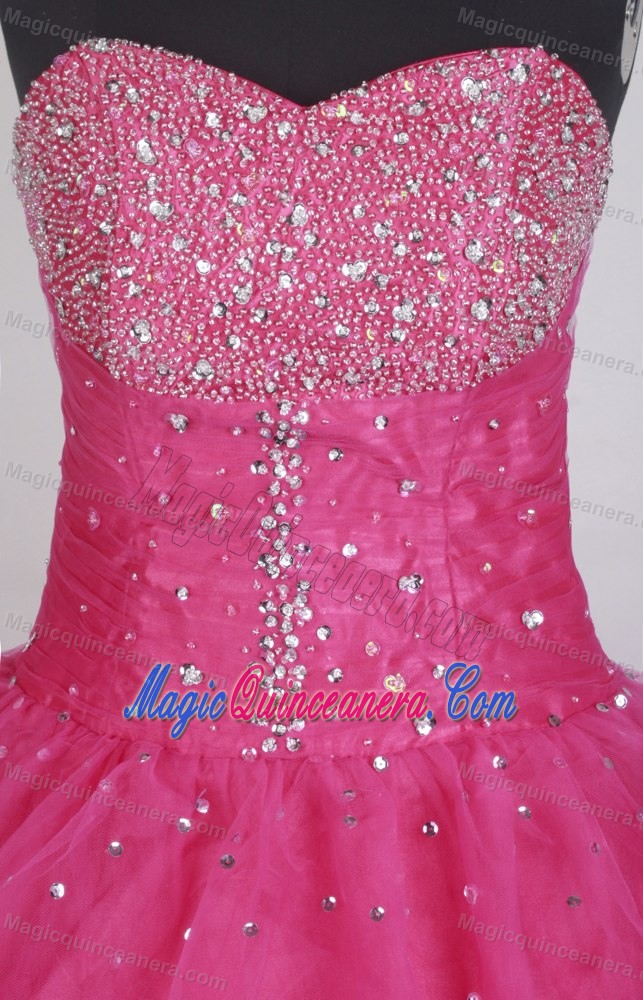 Simple Discount Hot Pink Organza Beaded Ruching Sweet 16 Dresses