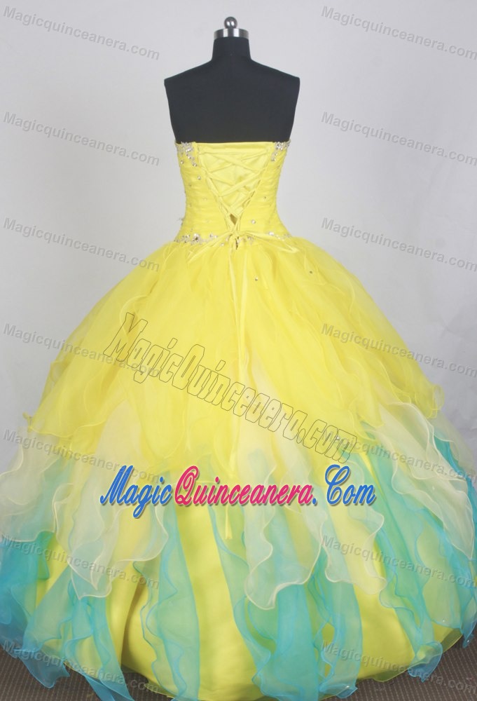 New Ruched Sweetheart Yellow and Blue Layered Quinceanera Dresses