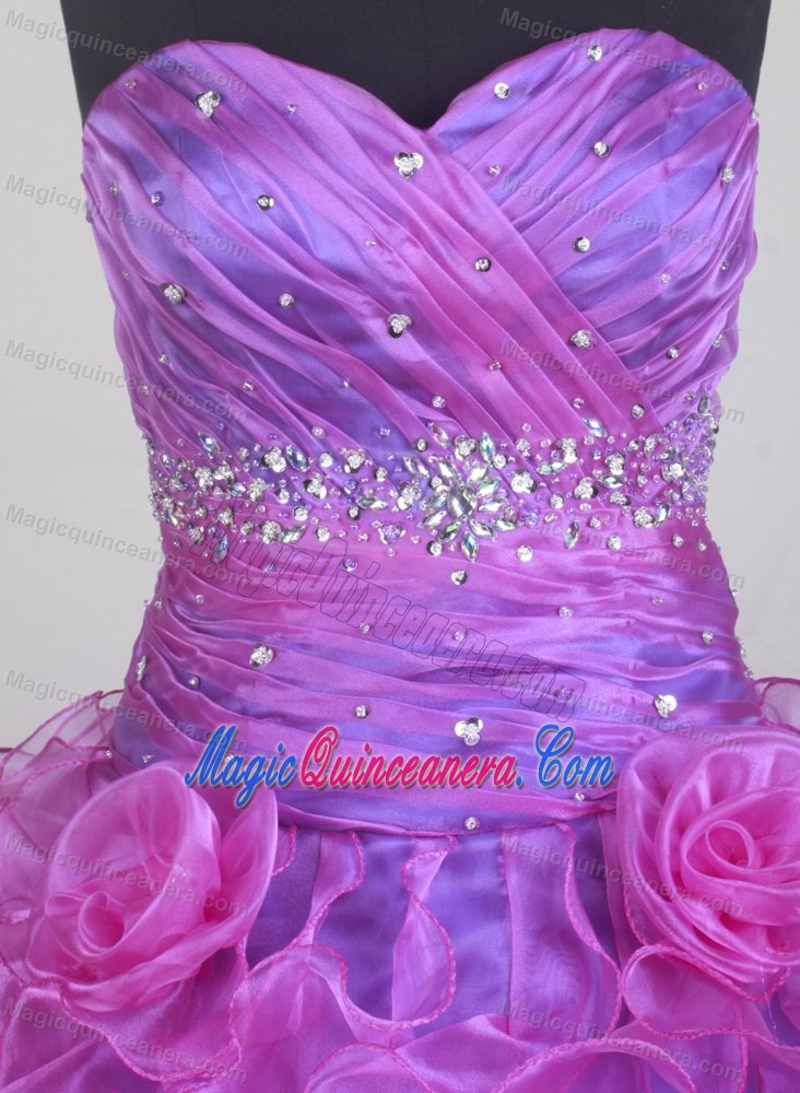 Tiered Organza Ruched Beading Fuchsia Dresses for Sweet Quinceanera