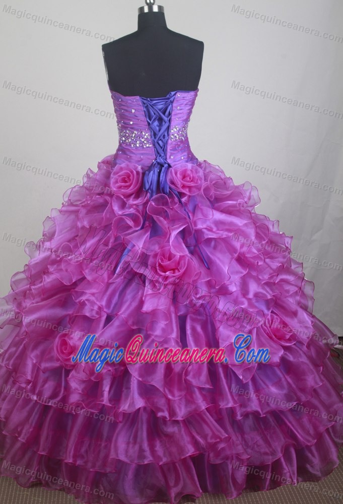 Tiered Organza Ruched Beading Fuchsia Dresses for Sweet Quinceanera