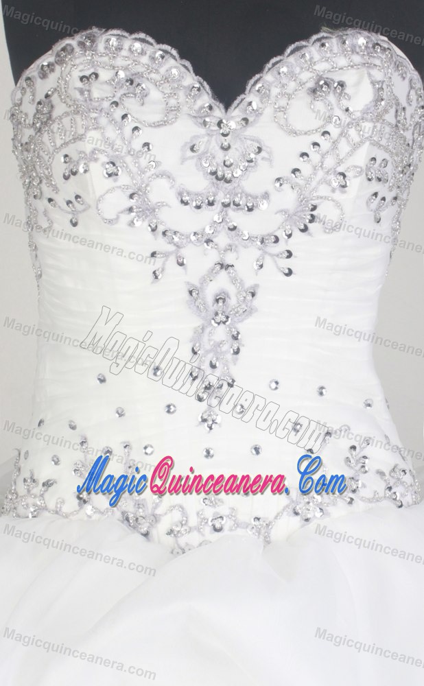 Appliques Sequined Hem Ruched White Quinceanera Dress for Sweet 15