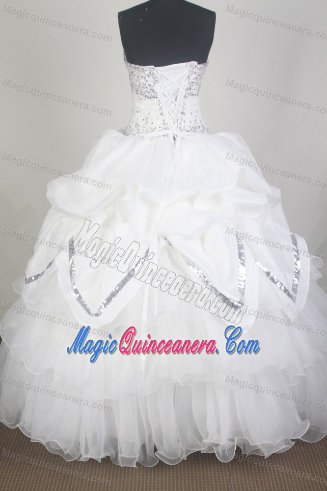 Appliques Sequined Hem Ruched White Quinceanera Dress for Sweet 15