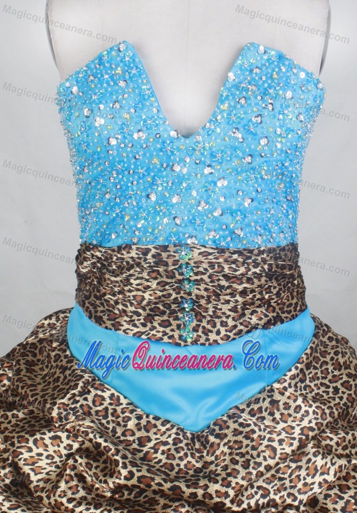 Leopard V-neck Blue Beaded Quinceanera Dresses with Brush Train