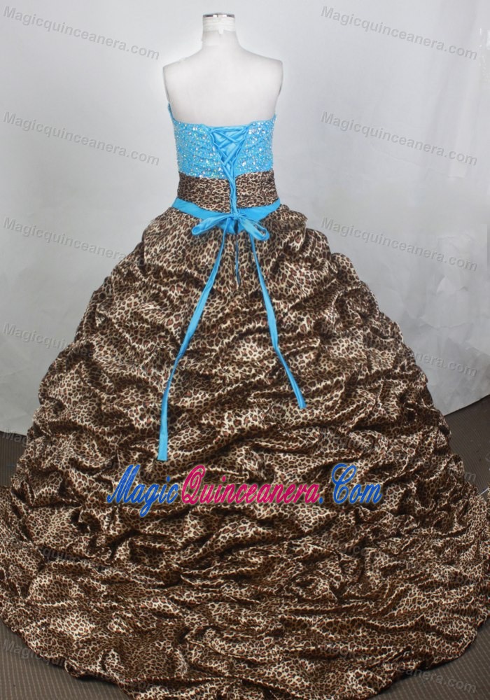 Leopard V-neck Blue Beaded Quinceanera Dresses with Brush Train