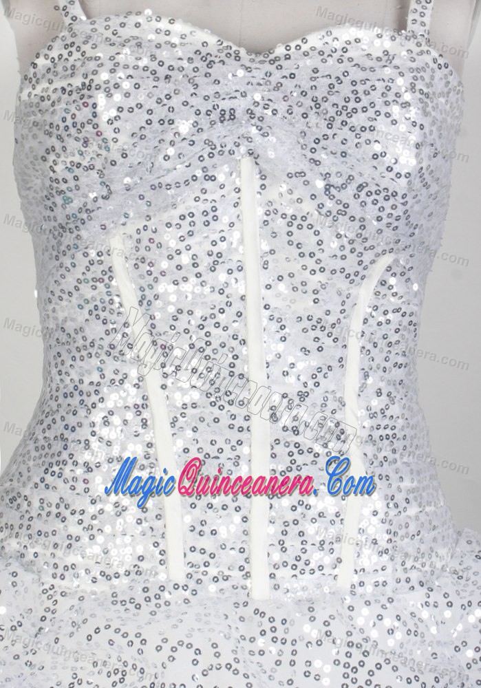 Paillette Spaghetti Straps White Quinceanera Dress with Flowers