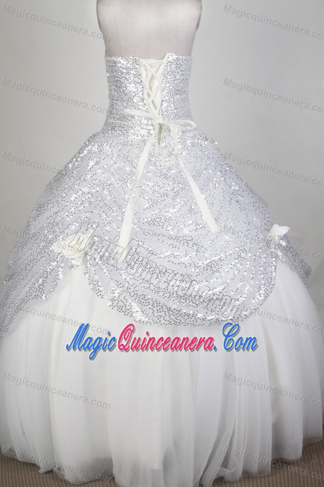 Paillette Spaghetti Straps White Quinceanera Dress with Flowers