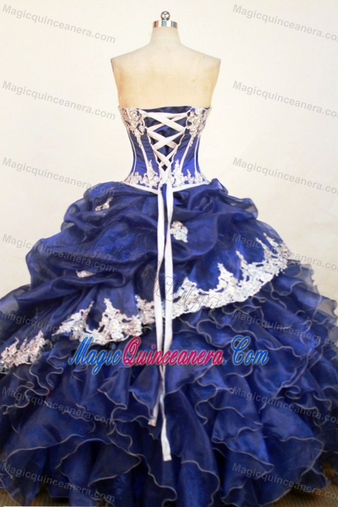 Appliques Sweetheart Floor-length Ruffled Blue Quinceanera Dress