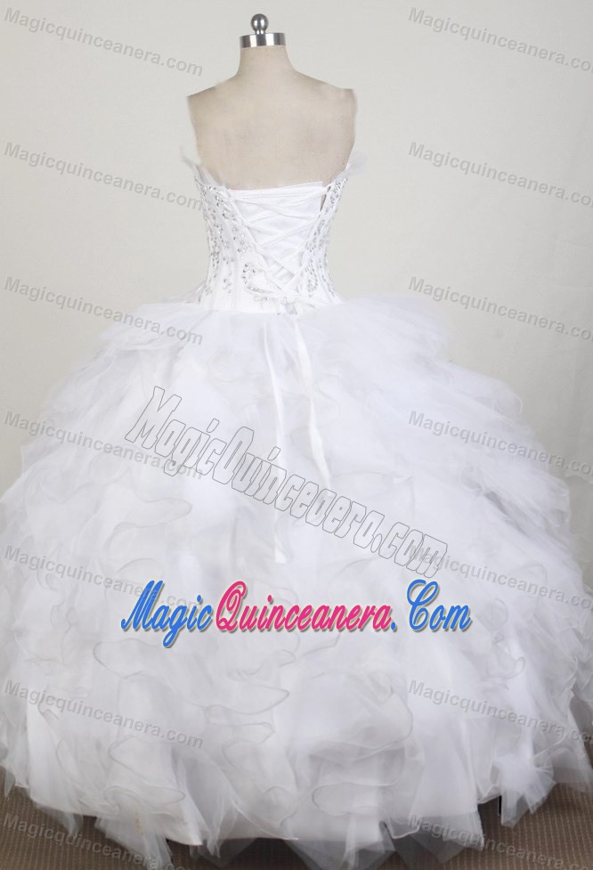 Ruffled Beading Strapless Pure White Ruffles Sweet Sixteen Dresses