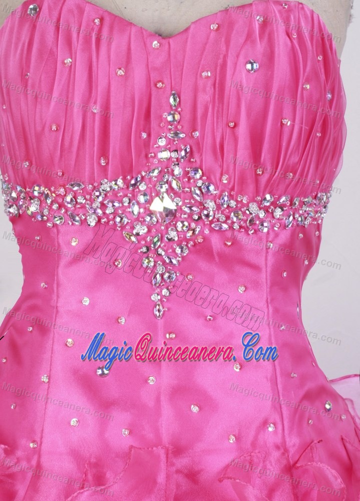 Ruched Sweetheart Ruffles and Beading Pink Quinceanera Dresses