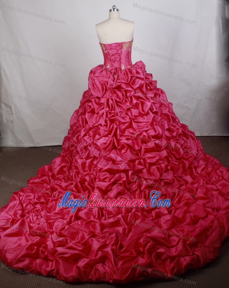 Sweetheart Appliques and Pick-ups Sweep Train Sweet 15 Dresses in Hot Pink