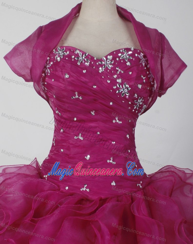 Fuchsia Sweetheart Ruffled Beading Dress For Quinceaneras With Jacket