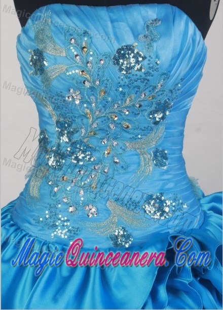 Embroidery and Beading Ruffles Strapless Aqua Blue Dresses For 15